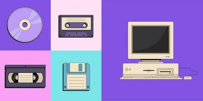 espalda a años 90 antiguo pasado de moda vector plano conjunto de antiguo computadora ordenador personal, Clásico vídeo casete, retro flexible disco, cinta grabadora casete y compacto desct. nostalgia para 1990s
