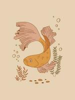 Vintage aquarium fish vector illustration. Oriental poster design. Underwater animal retro print.