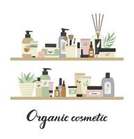 orgánico cosmético productos en pie en estante en Tienda plano vector ilustración. crema, champú, bañera bienes, spa accesorios, higiene artículos para piel y cuerpo cuidado en blanco antecedentes