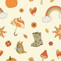 Autumn groovy seamless pattern with rainbow, mushrooms, umbrella. Fall vibes. Retro 70s vector illustration. Hippie style. Fabric, textile design