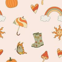 Autumn groovy seamless pattern with rainbow, mushrooms, umbrella. Fall vibes. Retro 70s vector illustration. Hippie style. Fabric, textile design