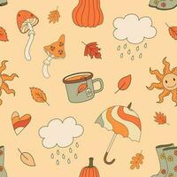 Autumn groovy seamless pattern with mushrooms, pumpkin, umbrella, rain. Fall vibes. Retro 70s vector illustration. Fabric, textile design