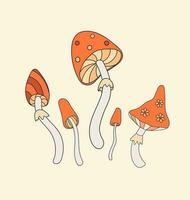 Set of retro hippie mushrooms flat vector illustration. Vintage autumn groovy vibe psychedelic elemenst in 70s and 80s style.