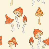 Autumn groovy seamless pattern with mushrooms. Amanita ornament, Fall vibes. Retro 70s vector illustration. Fabric, textile design