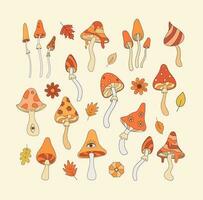 Set of retro groovy mushrooms flat vector illustration in 70s and 80s style. Vintage autumn vibe psychedelic elements, Boho hippie clipart