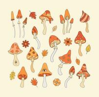 Set of retro groovy mushrooms flat vector illustration in 70s and 80s style. Vintage autumn vibe psychedelic elements, Boho hippie clipart