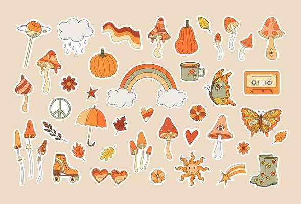 Set of 80s fall vibe stickers. Retro mushroom, rainbow, pumpkins, lips, peace sign, butterfly, hippy style stickers. Vintage psychedelic groovy flat symbols, autumn vibes vector illustration.