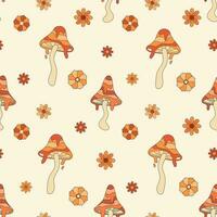 Autumn groovy seamless pattern with mushrooms and flowers. Fall vibes. Retro 70s vector illustration. Fabric, textile design