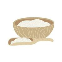 Sea salt in wooden scoop and bowl isolated on white background. Vector flat illustration.