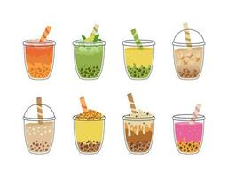 Set of bubble tea with tapioca pearls. Asian Taiwanese drink. Boba milk tea. Cold coffee in takeaway cup. Cartoon vector illustration.