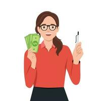 Woman Business coach or mentor holding money or cash and teaching people with pen on her hand pointing and smilling. vector