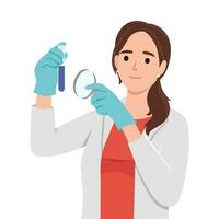 Female scientist working in lab. Holding glass test tube and magnifying glasses. vector