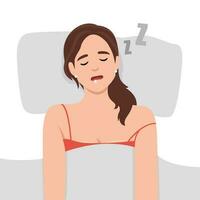 Woman sleeping and snoring in flat design. Snore health problem concept vector