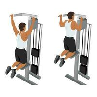 Man doing pull ups exercise. Machine or assisted pull up vector