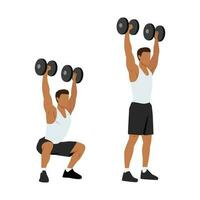 Man doing Dumbbell squat thrusters. squat to overhead press exercise. Flat vector