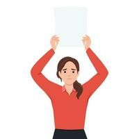 young business woman holding big blank paper over head with a sad face vector