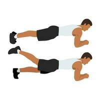 Exercise guide by Man doing Plank leg raises in 2 steps. Flat vector