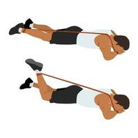 Man doing prone or lying resistance band knee bends exercise. vector