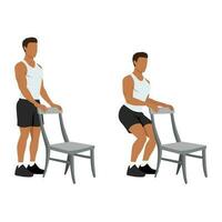 Man doing Chair squat exercise. Partial or half squat with chair for athlete vector