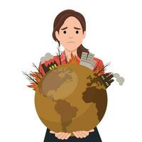 Woman hug poluted earth vector isolated. Save the earth concept. Girl holding a big globe. Nature lover, ecology friendly lifestyle. Planet crying.