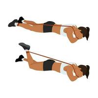 Woman doing prone or lying resistance band knee bends exercise. vector