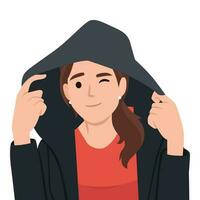 Illustration of cute woman cartoon character standing wearing hoodie and casual clothes vector