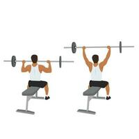 Man doing seated barbell military press exercise. Shoulder overhead press. vector