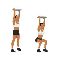 Woman doing Overhead plate squats exercise. Flat vector