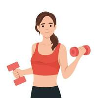 a woman is doing exercise with dumbbell. Flat vector