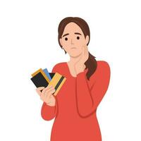 Unhappy woman holding credit cards feel confused with bank loan. Upset female client with deposit card distressed with bankruptcy or financial problems. vector