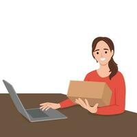 Happy and surprised girl opening gift in front of laptop vector