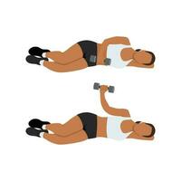 Woman doing laying dumbbell external shoulder rotation. vector