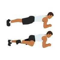 Man doing Abdominal exercise position introduction with Plank Knee to Elbow in 2 step for guide. Flat vector