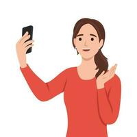 Sketch of happy woman talking video call on smartphone and waving with hand vector