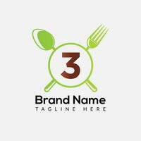 Restaurant Logo On Letter 3 Template. Food On 3 Letter, Initial Chef Sign Concept vector