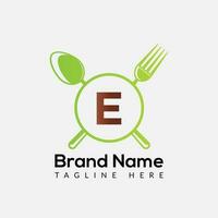 Restaurant Logo On Letter E Template. Food On E Letter, Initial Chef Sign Concept vector
