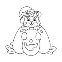 A funny cat in a hat sits in a pumpkin. Coloring book page for kids. Halloween theme. Cartoon style character. Vector illustration isolated on white background.