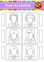 Draw the emotion. Worksheet complete the face. Coloring book for kids. Cheerful character. Vector illustration. Black contour silhouette. Vector illustration.