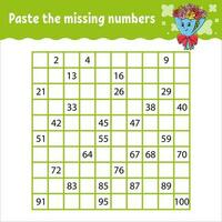 Paste the missing numbers from 1 to 100. Handwriting practice. Learning numbers for kids. Education developing worksheet. Activity page. Isolated vector illustration in cute cartoon style.