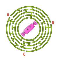 Circle maze. Game for kids. Puzzle for children. Round labyrinth conundrum. Find the right path. Birthday theme. Vector illustration.