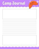 Lined sheet template for camp journal. Handwriting paper. For diary, planner, checklist, wish list. With cute character. Vector illustration.