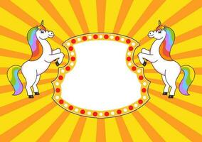 Two cute unicorns reared up. Cartoon style. Color bright illustration. With place for your text. For circus advertisements, advertising. vector