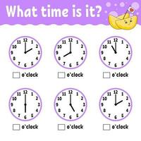 Learning time on the clock. Educational activity worksheet for kids and toddlers. Game for children. Simple flat isolated color vector illustration in cute cartoon style.