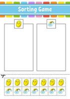 Sorting game for kids. Cut and glue. Education developing worksheet. Matching game for kids. Color activity page. Puzzle for children. Cute character. Vector illustration.