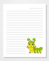 Sheet template for notebook, notepad, diary. Lined paper. With cute character. Cartoon style. Vector illustration.