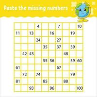 Paste the missing numbers from 1 to 100. Handwriting practice. Learning numbers for kids. Education developing worksheet. Activity page. Vector illustration.