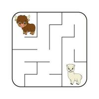 Simple square maze for toddlers. With cute cartoon characters. Isolated on white background. Vector illustration.