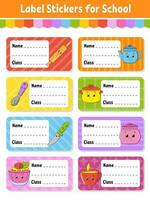 Name and class. Back to school labels. Set stickers for notebook. Bright stickers. Rectangular label. Vector illustration.