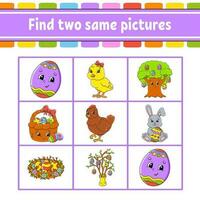 Find two same pictures. Task for kids. Education developing worksheet. Activity page. Color game for children. Easter theme. Funny character. Isolated vector illustration. cartoon style.