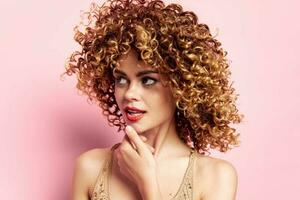 Model curly hair Party disco puzzled look background photo